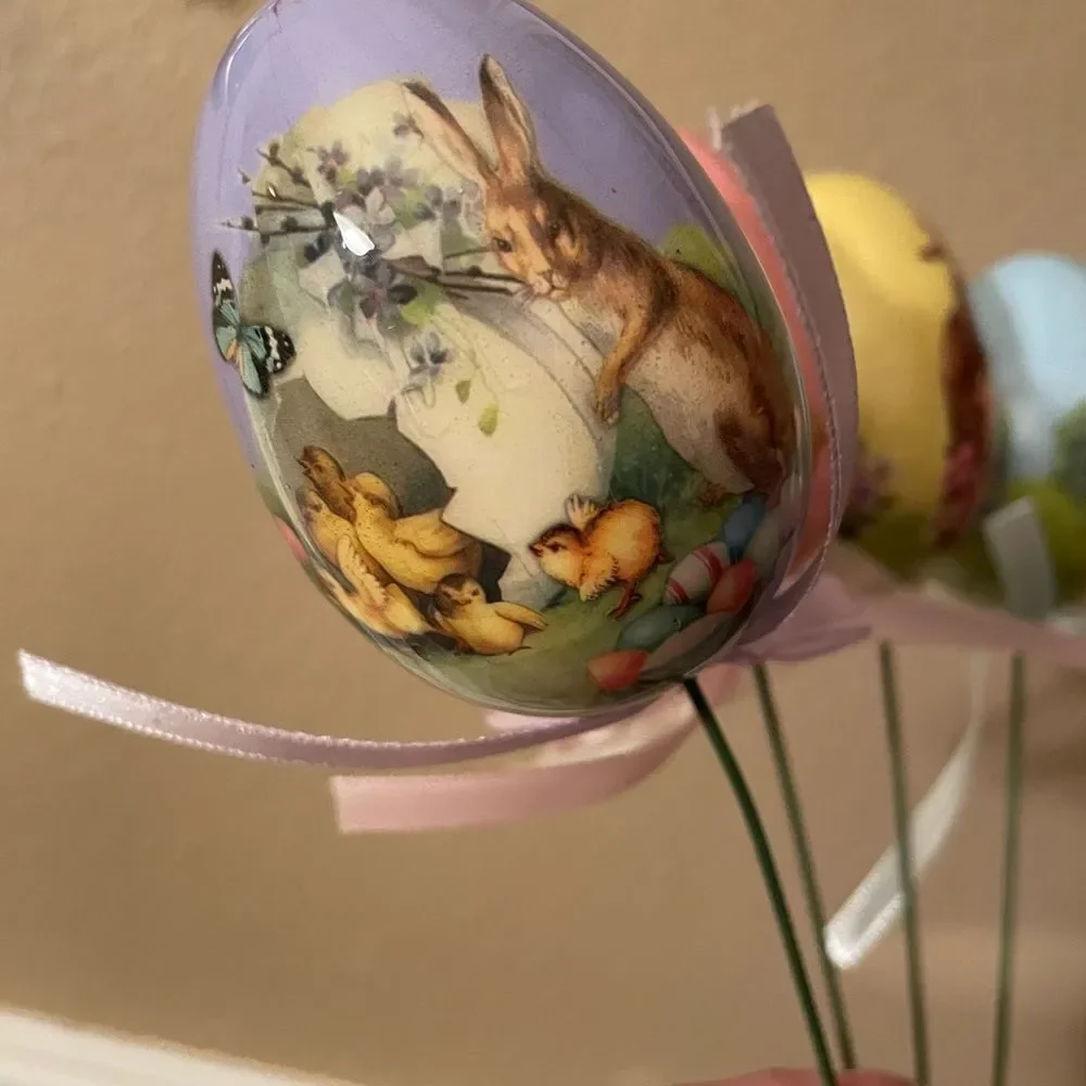 Vintage Decoupage Eggs with Vintage Easter Prints on Long Wire Picks with Ribbon